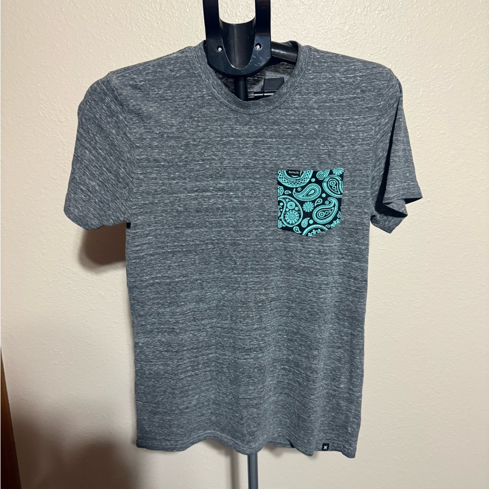 Hurley Heather Gray Tee with Teal Paisley Pocket